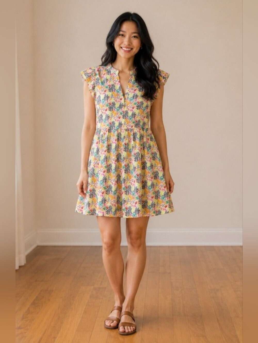 LOFT Cream Floral Ruffle Sleeve Summer Dress Small Colorful Jungle Print